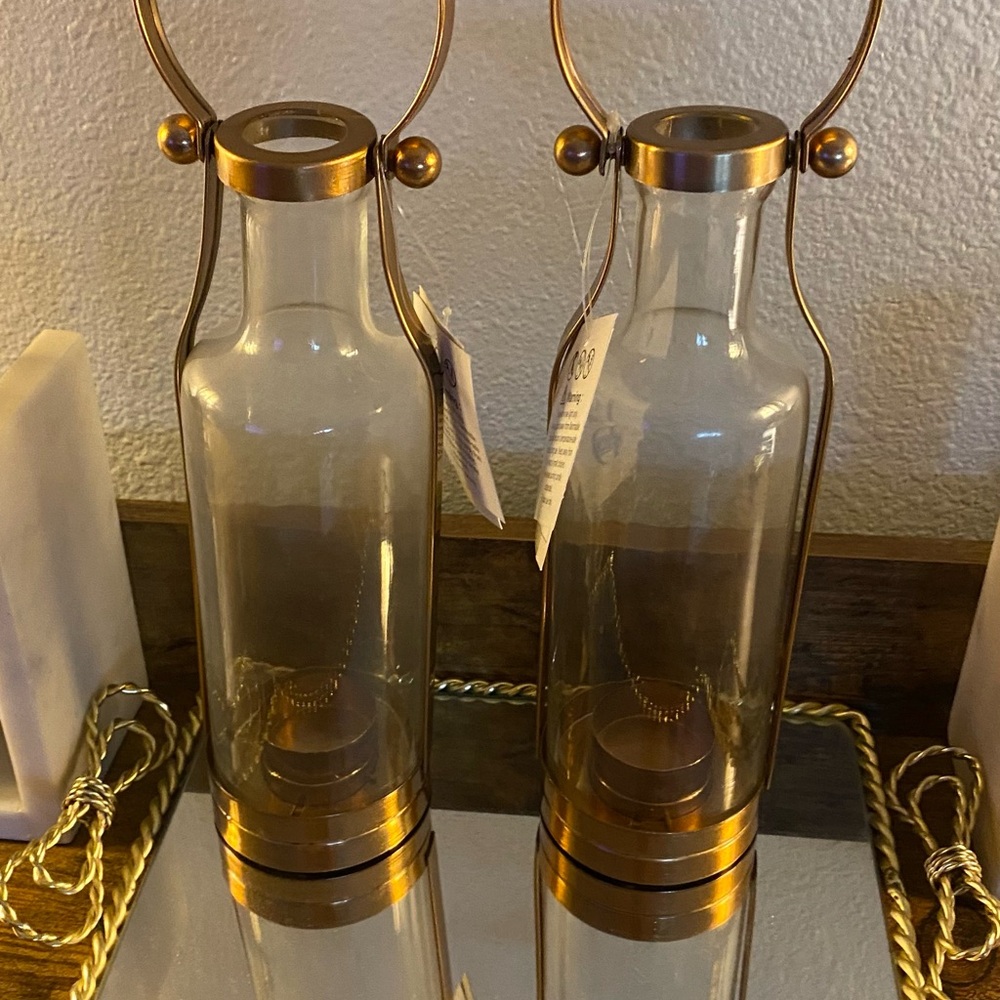 Decorative Glass Lanterns/Scones with Brass Accents - Amber/Bronze